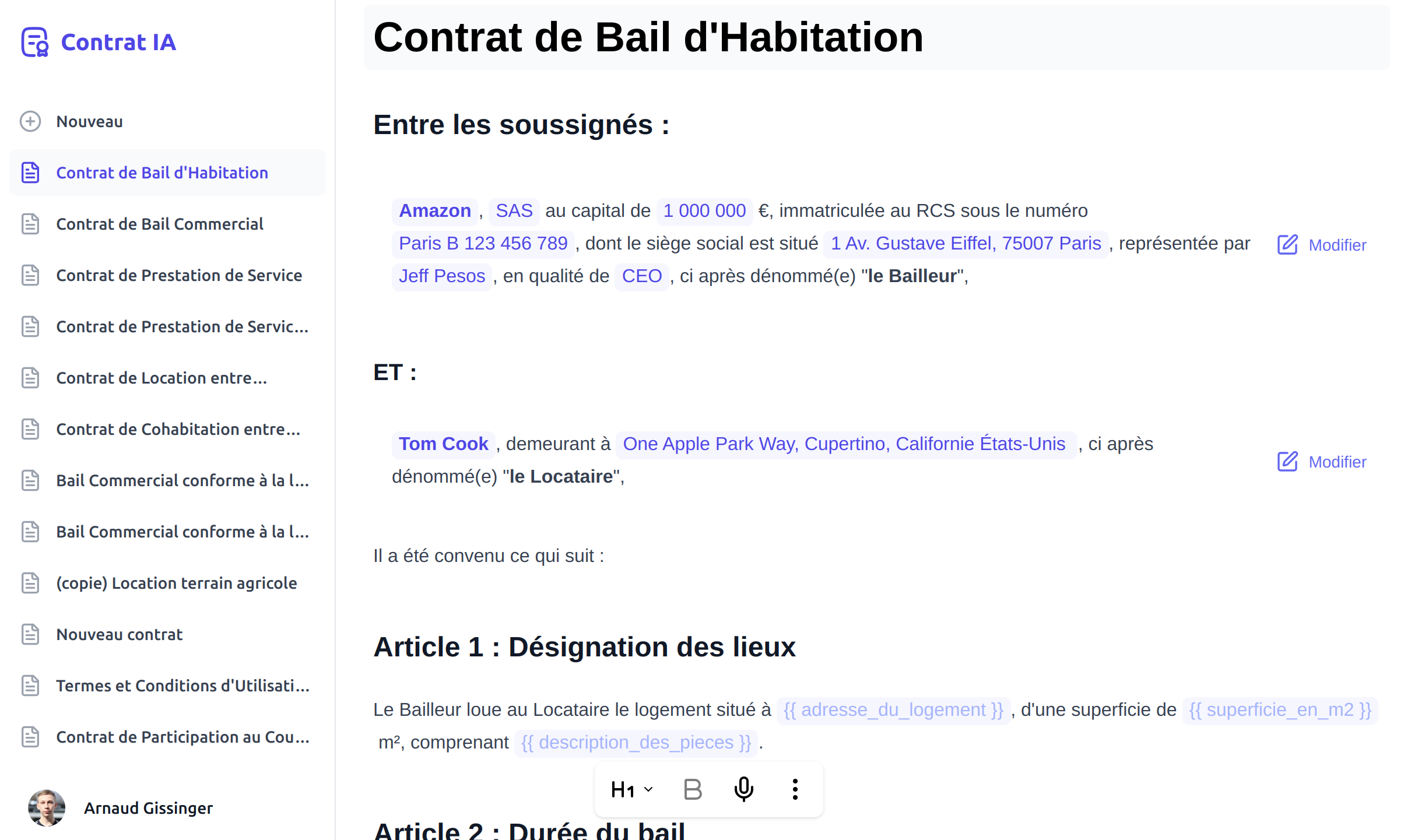 Bail d'Habitation Modèle sur Contrat IA