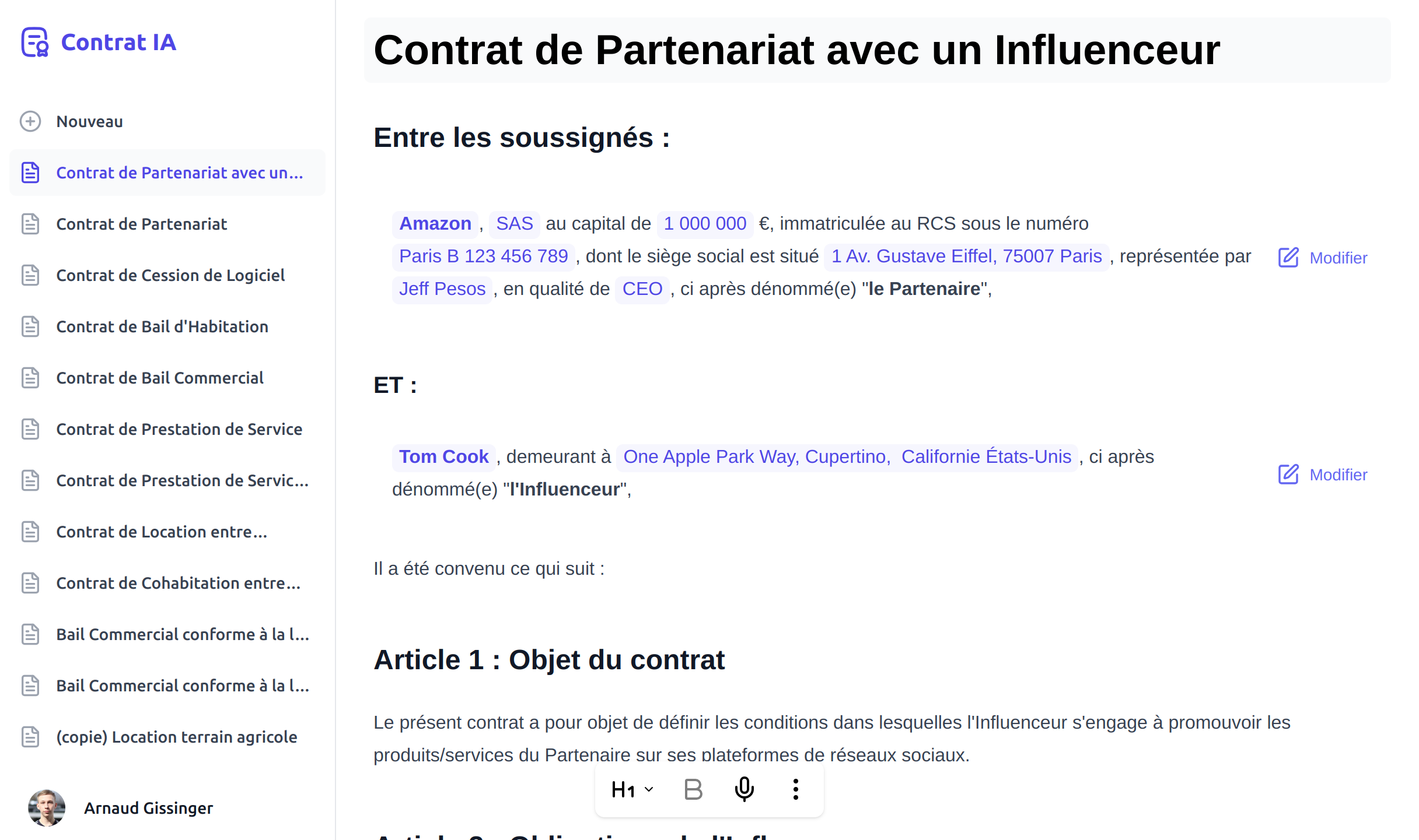 Partenariat Influenceur Modèle sur Contrat IA