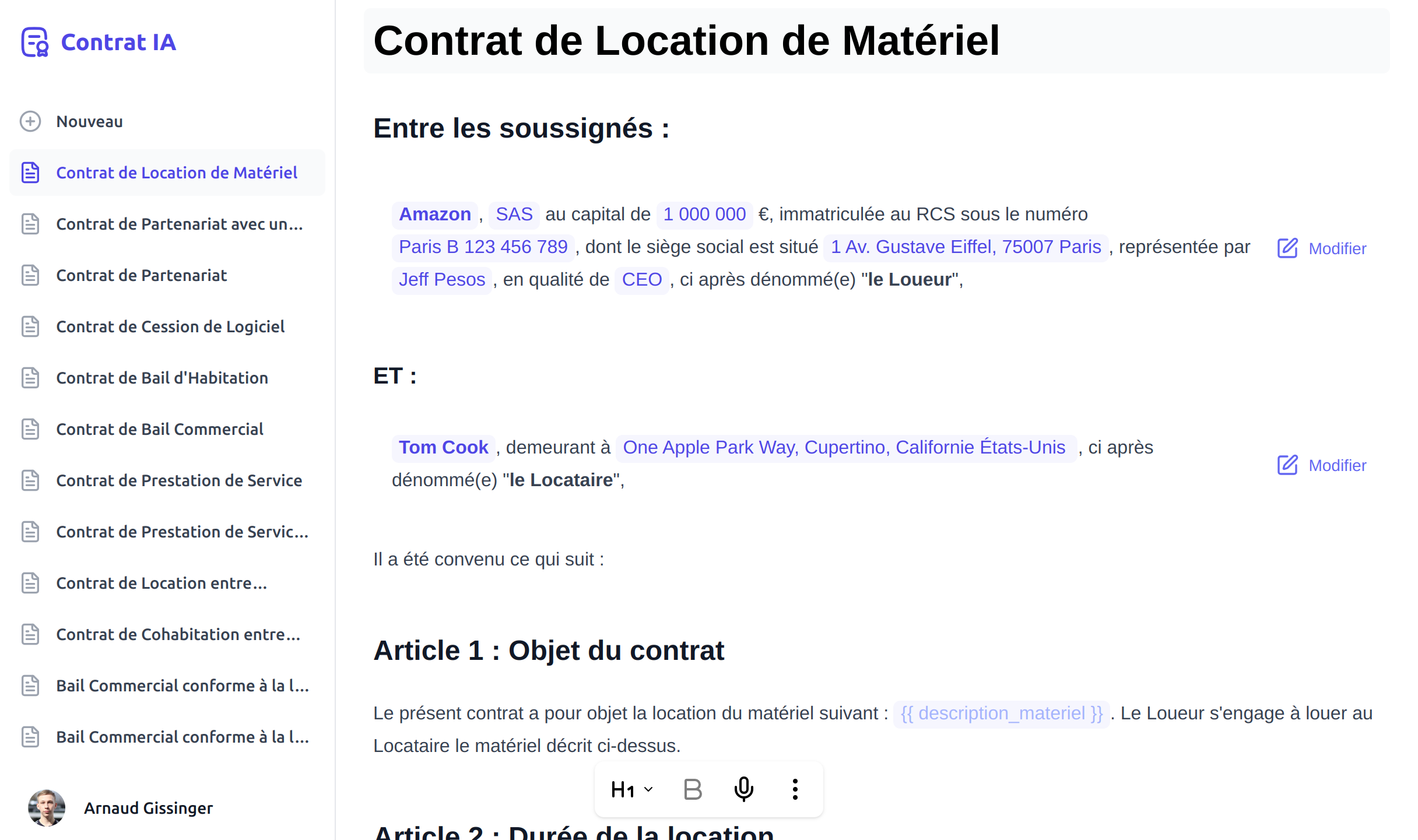 Location de Matériel Modèle sur Contrat IA