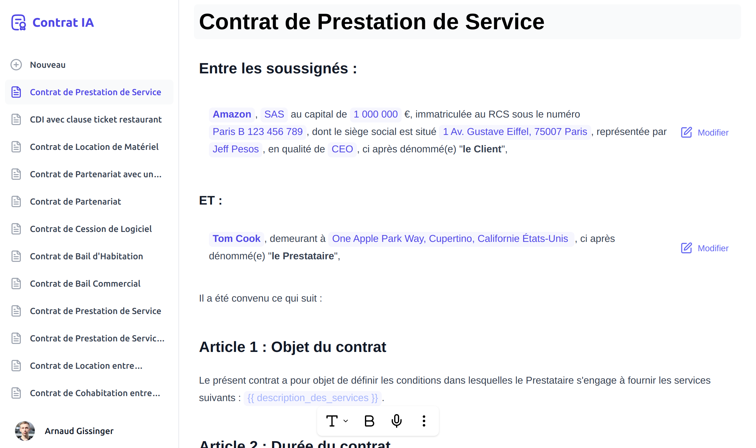 Prestation de Service Modèle sur Contrat IA