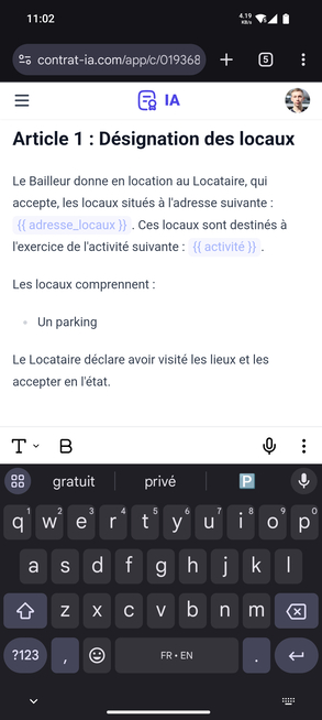 Capture d'écran de Contrat IA sur mobile pour la création d'un bail de location